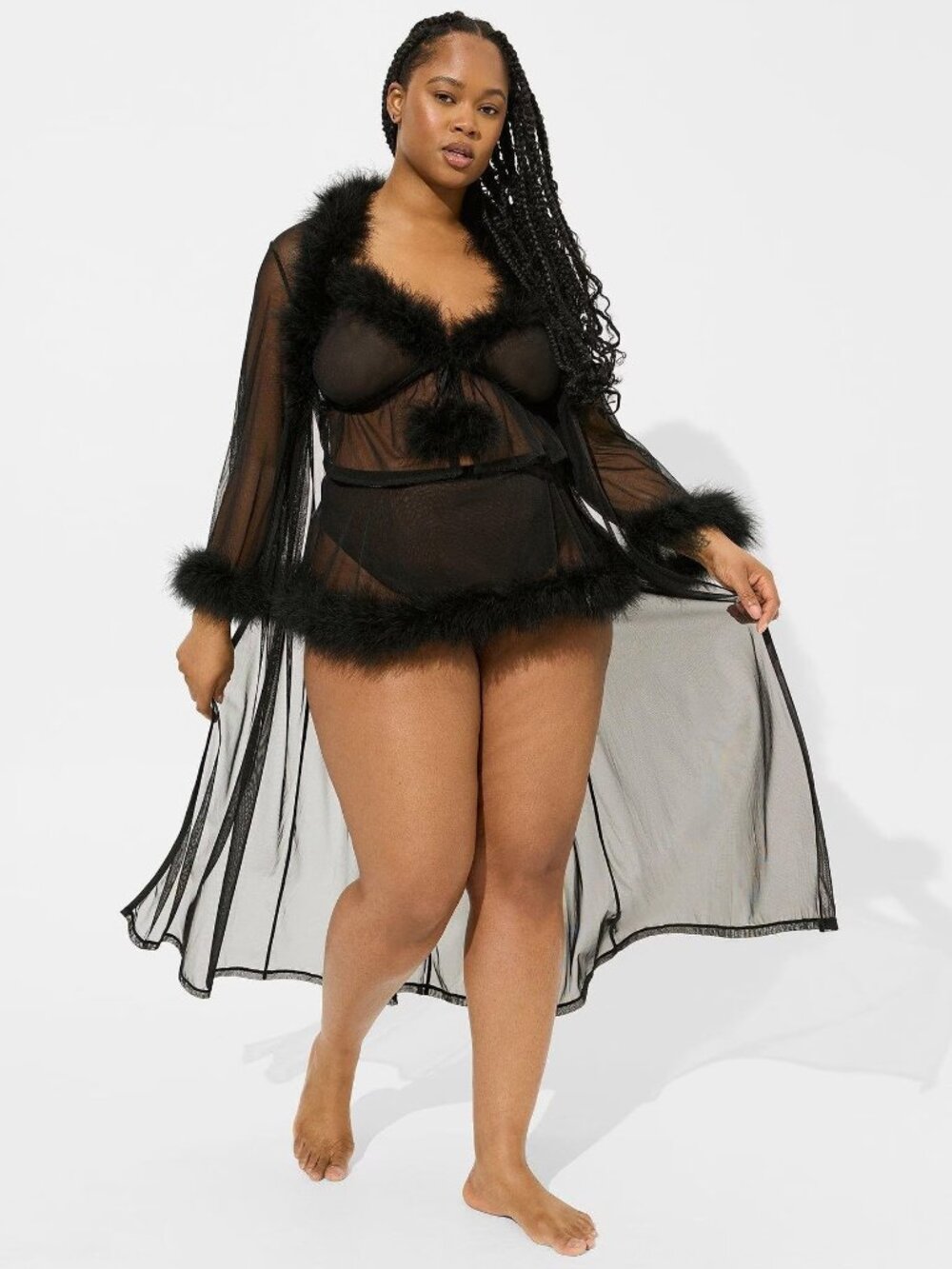 4‑PIECE MARABOU SET ROBE 3/4 PLUS: BRALETTE 4X: MESH THONG 2X: APRON SKIRT 3X